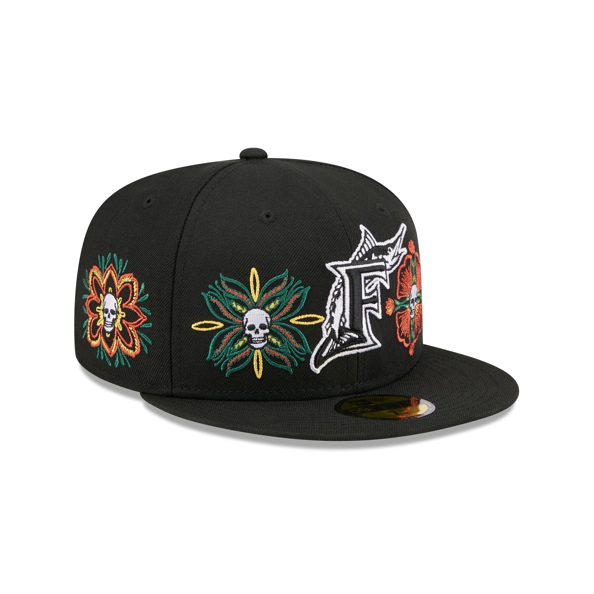Miami Marlins Day of the Dead Skull & Flowers 59FIFTY Fitted Hat