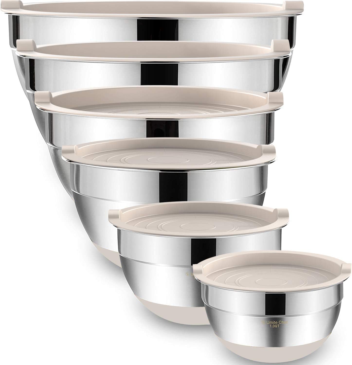 Mixing Bowls with Airtight Lids 6 Piece Stainless Steel Nesting Set Non Slip Bottoms Khaki 7 to 1 QT Set