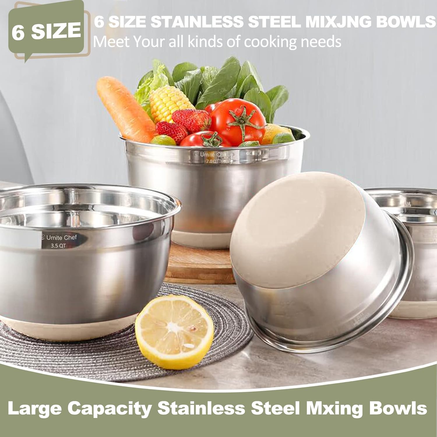 Mixing Bowls with Airtight Lids 6 Piece Stainless Steel Nesting Set Non Slip Bottoms Khaki 7 to 1 QT Set