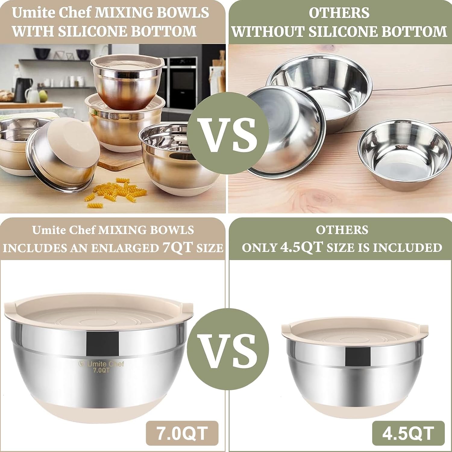 Mixing Bowls with Airtight Lids 6 Piece Stainless Steel Nesting Set Non Slip Bottoms Khaki 7 to 1 QT Set