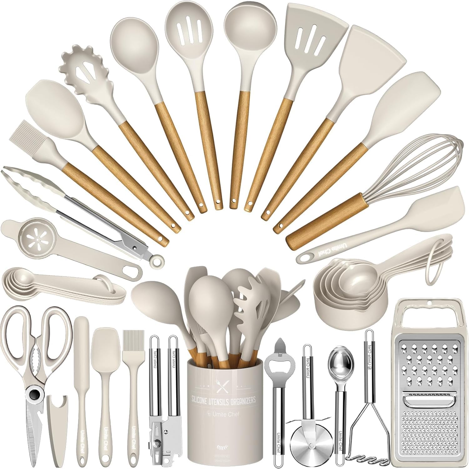 Silicone Cooking Utensils Set 34 Piece Heat Resistant with Oak Handles Khaki for Nonstick Cookware