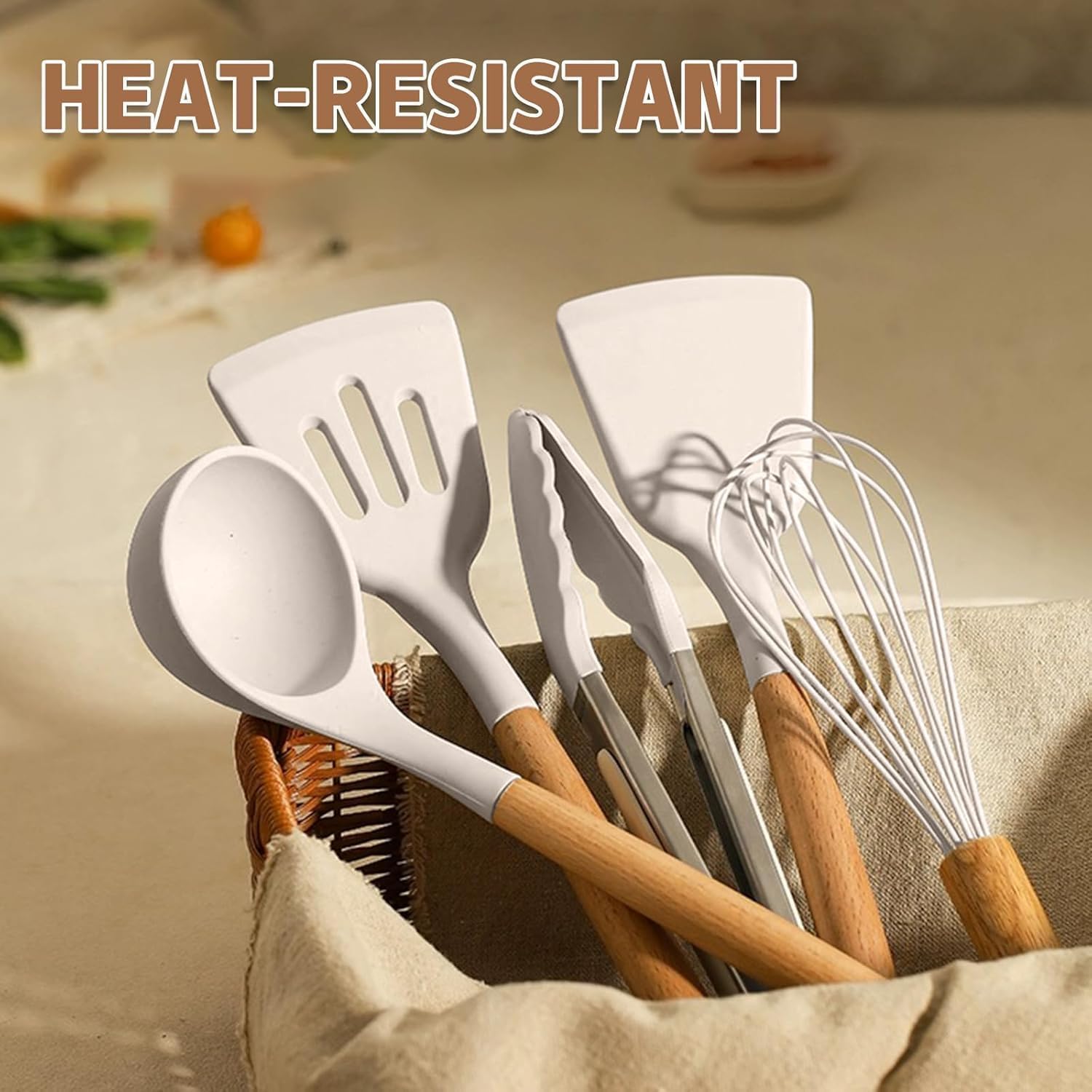 Silicone Cooking Utensils Set 34 Piece Heat Resistant with Oak Handles Khaki for Nonstick Cookware