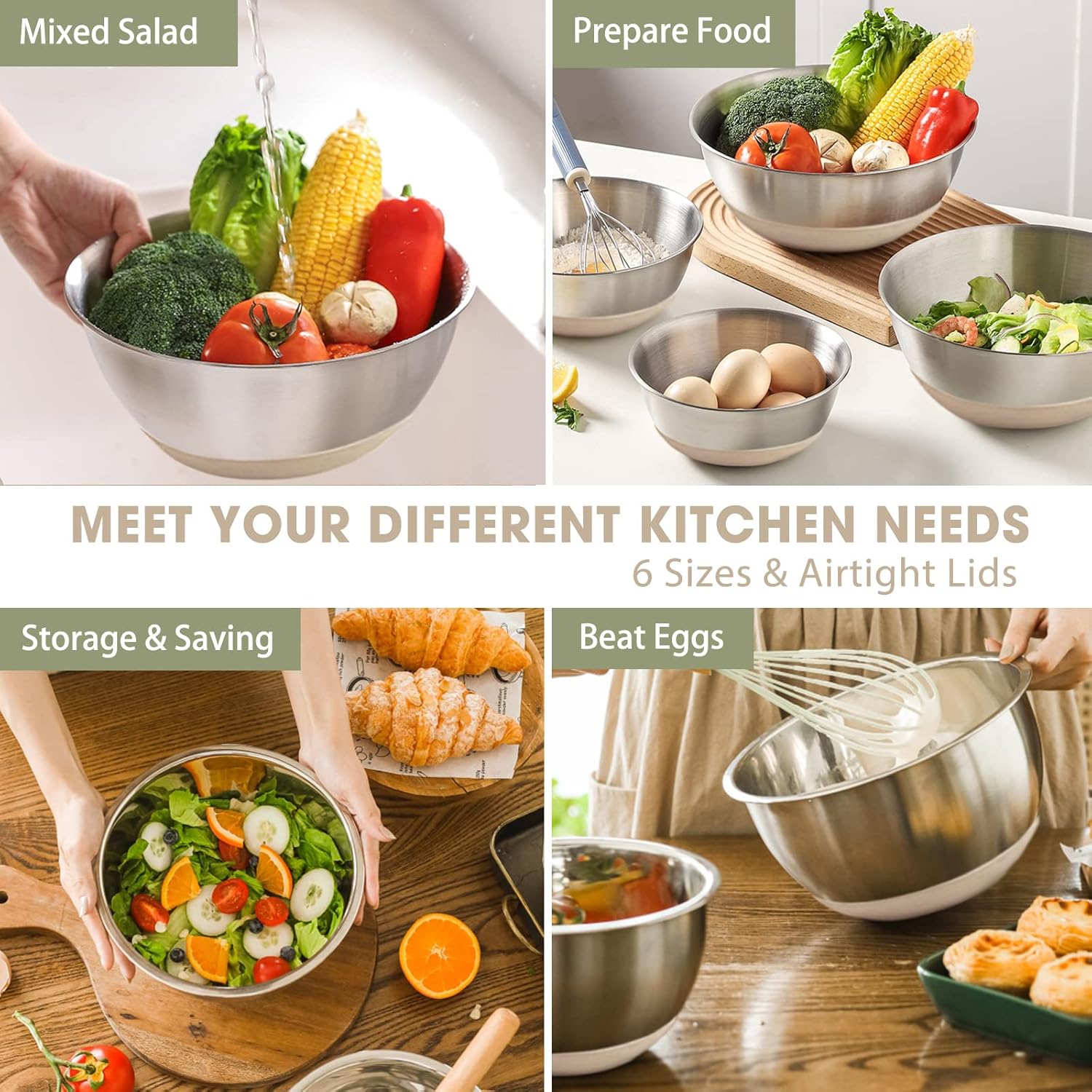 Mixing Bowls with Airtight Lids 6 Piece Stainless Steel Nesting Set Non Slip Bottoms Khaki 7 to 1 QT Set