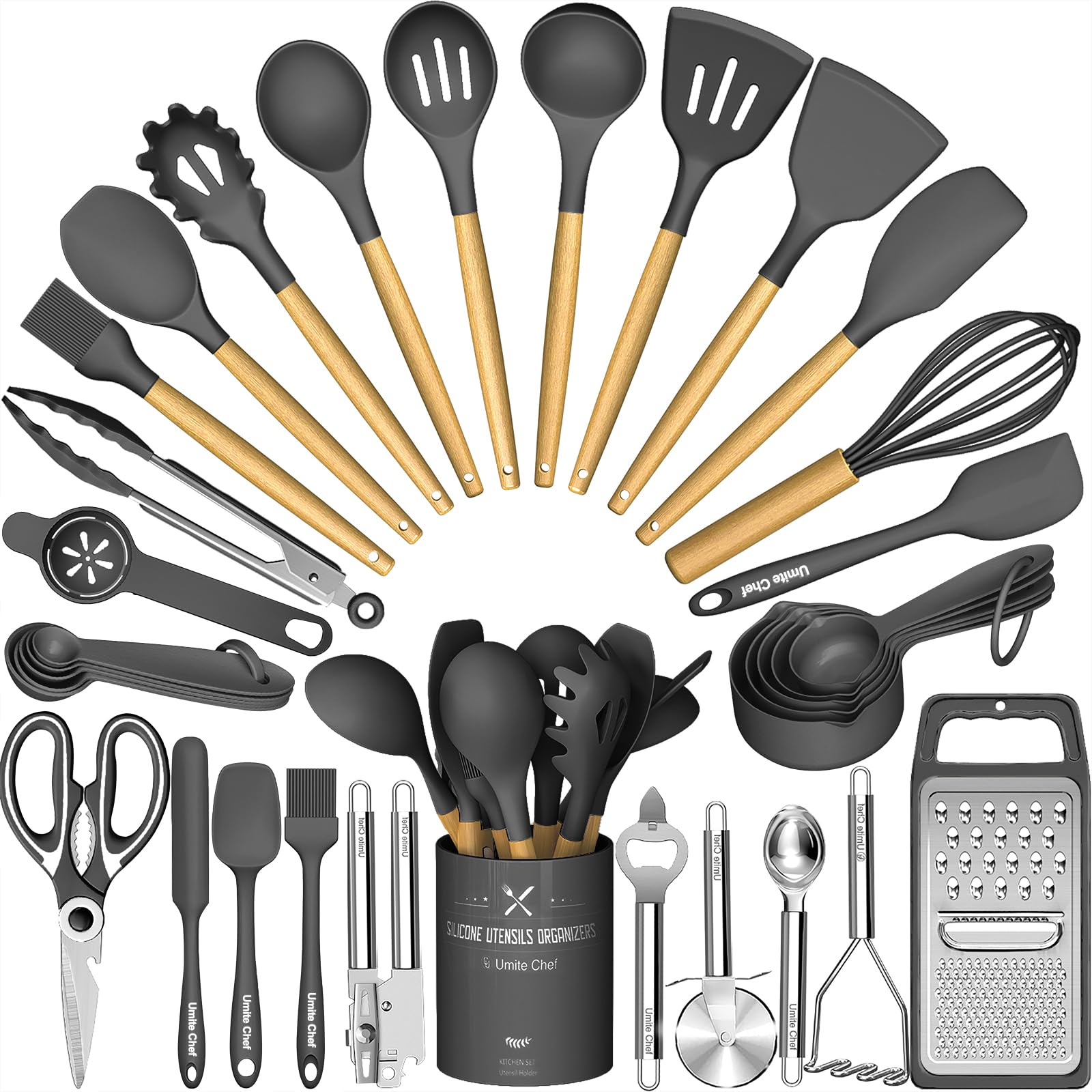 Silicone Cooking Utensils Set 34 Piece Heat Resistant with Oak Handles Khaki for Nonstick Cookware