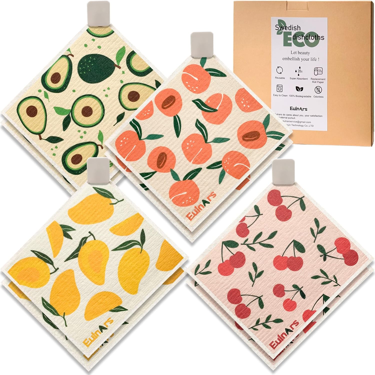 Swedish Dish Cloth 8 Pack Reusable Super Absorbent Quick Dry Kitchen Towels with Clips and Labels
