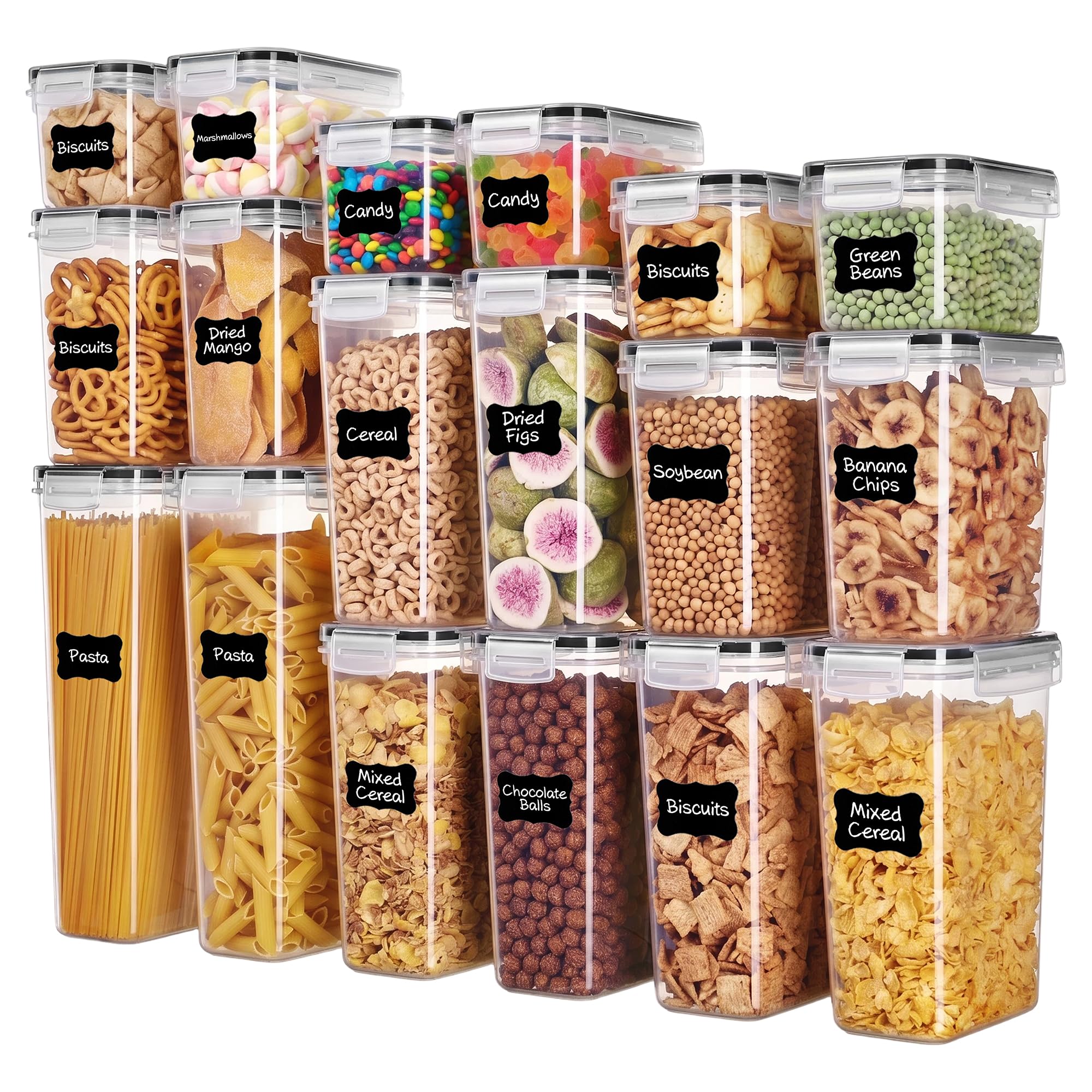 Food Storage Container Set 32 Piece Airtight Plastic Pantry Organizers with Lids Black with Labels