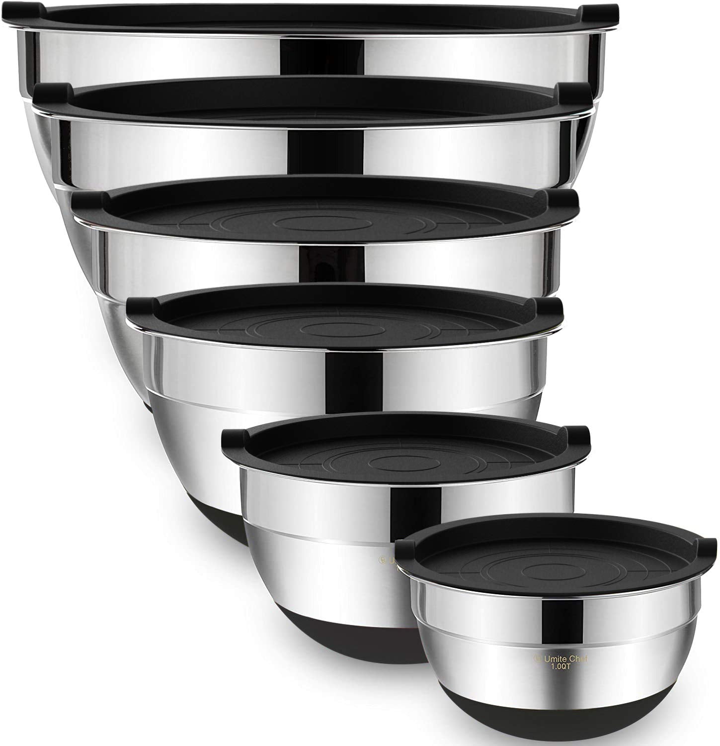 Mixing Bowls with Airtight Lids 6 Piece Stainless Steel Nesting Set Non Slip Bottoms Khaki 7 to 1 QT Set