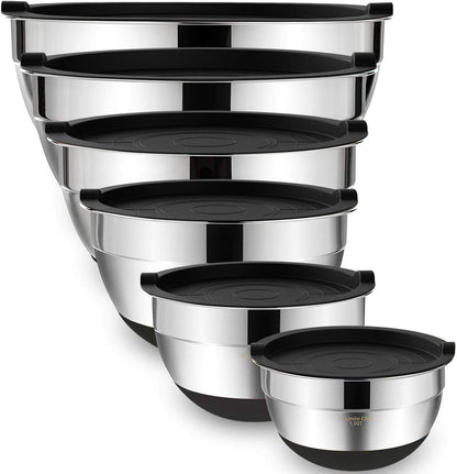 Mixing Bowls with Airtight Lids 6 Piece Stainless Steel Nesting Set Non Slip Bottoms Khaki 7 to 1 QT Set