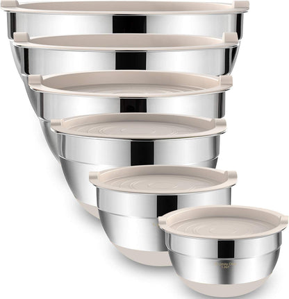 Mixing Bowls with Airtight Lids 6 Piece Stainless Steel Nesting Set Non Slip Bottoms Khaki 7 to 1 QT Set