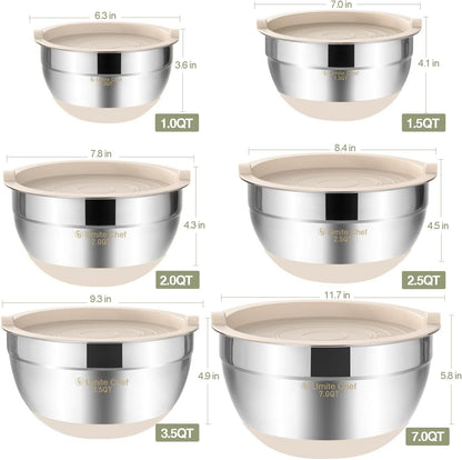 Mixing Bowls with Airtight Lids 6 Piece Stainless Steel Nesting Set Non Slip Bottoms Khaki 7 to 1 QT Set