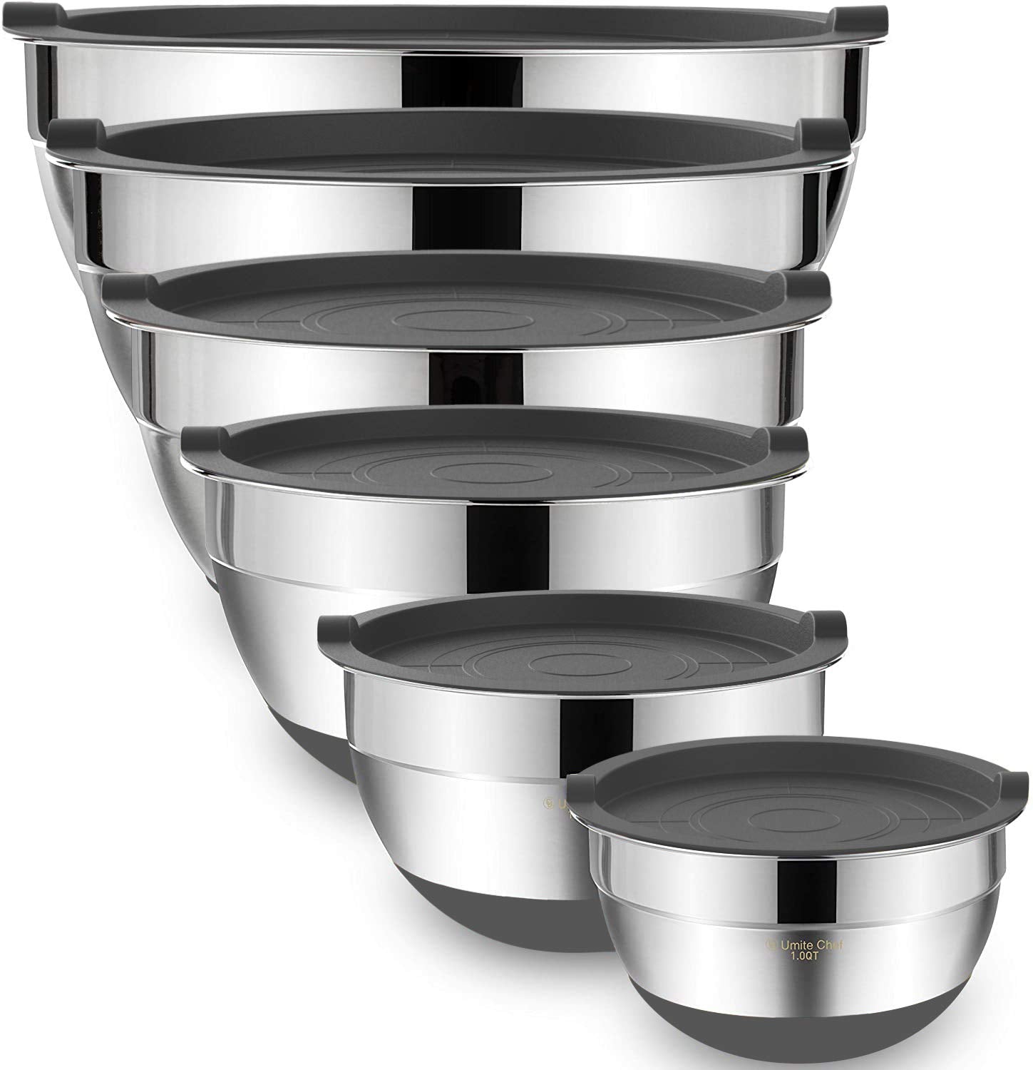 Mixing Bowls with Airtight Lids 6 Piece Stainless Steel Nesting Set Non Slip Bottoms Khaki 7 to 1 QT Set
