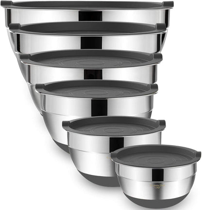 Mixing Bowls with Airtight Lids 6 Piece Stainless Steel Nesting Set Non Slip Bottoms Khaki 7 to 1 QT Set