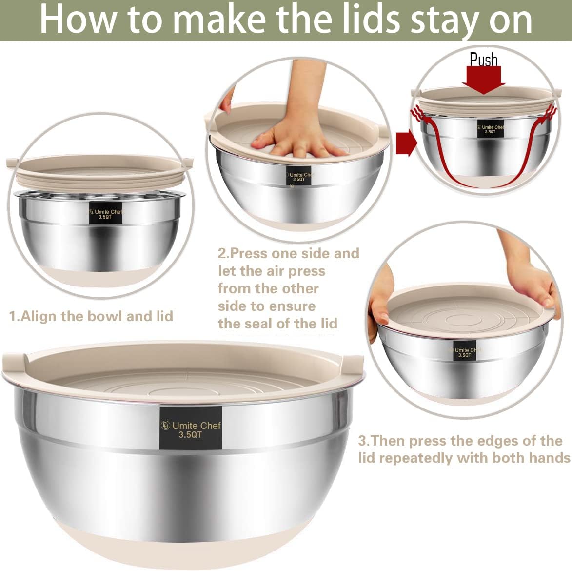 Mixing Bowls with Airtight Lids 6 Piece Stainless Steel Nesting Set Non Slip Bottoms Khaki 7 to 1 QT Set
