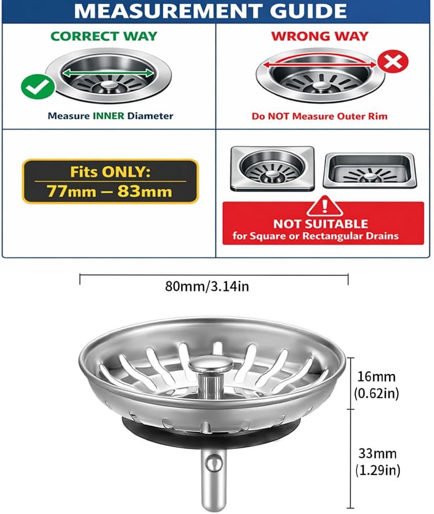 Kitchen Sink Strainer 2 Pack Drain Stopper Anti Clogging Basket 79–83mm Compatibility