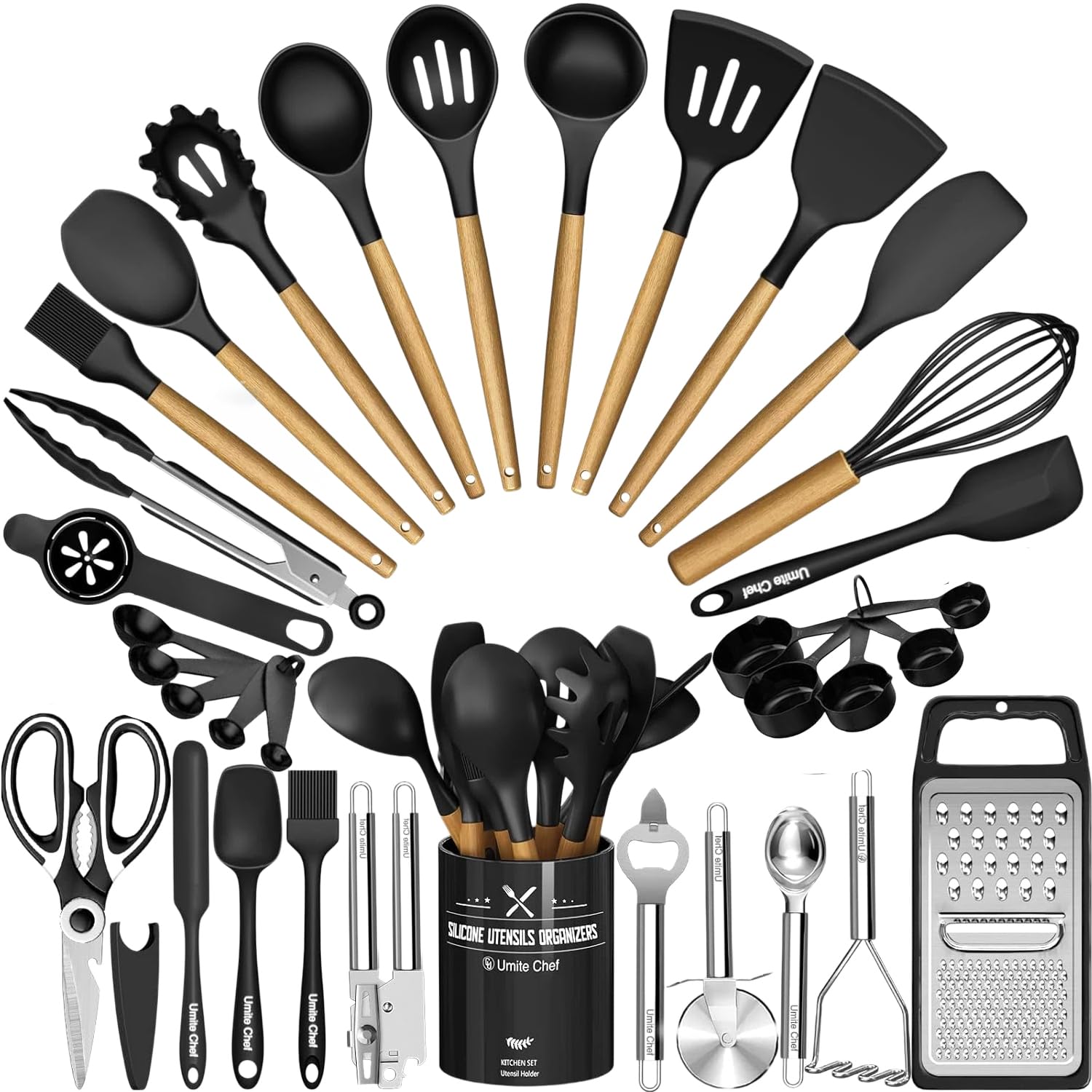 Silicone Cooking Utensils Set 34 Piece Heat Resistant with Oak Handles Khaki for Nonstick Cookware