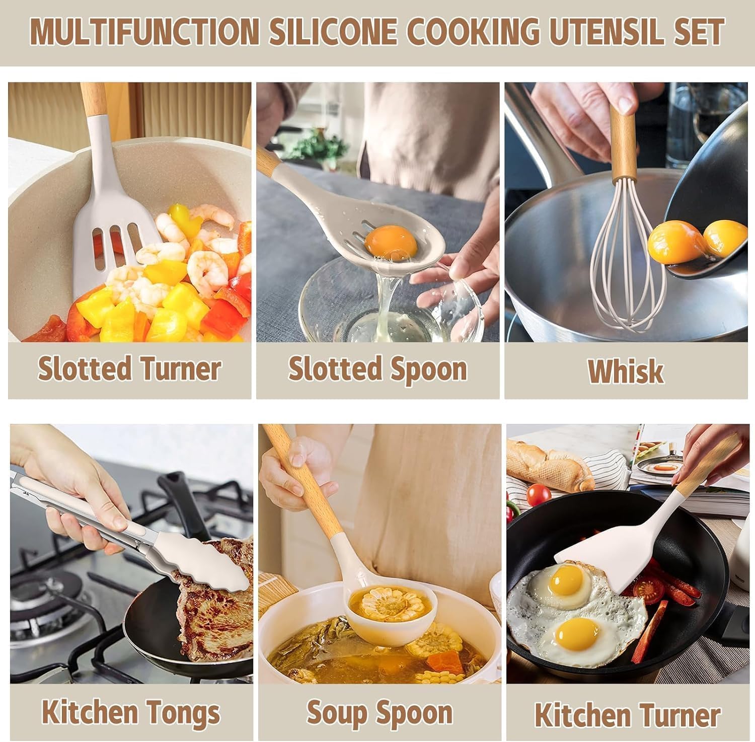Silicone Cooking Utensils Set 34 Piece Heat Resistant with Oak Handles Khaki for Nonstick Cookware