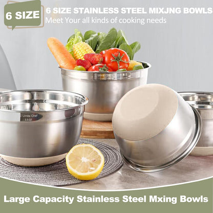 Mixing Bowls with Airtight Lids 6 Piece Stainless Steel Nesting Set Non Slip Bottoms Khaki 7 to 1 QT Set