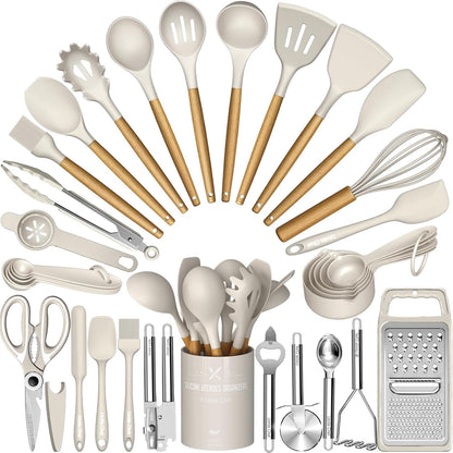 Silicone Cooking Utensils Set 34 Piece Heat Resistant with Oak Handles Khaki for Nonstick Cookware