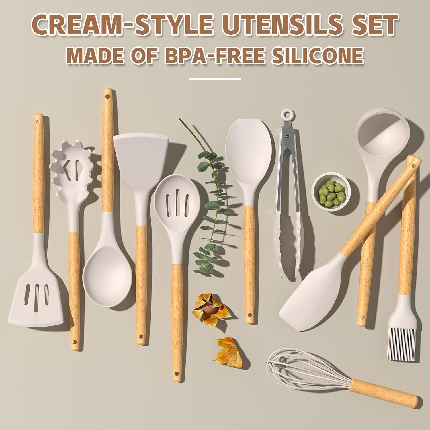 Silicone Cooking Utensils Set 34 Piece Heat Resistant with Oak Handles Khaki for Nonstick Cookware