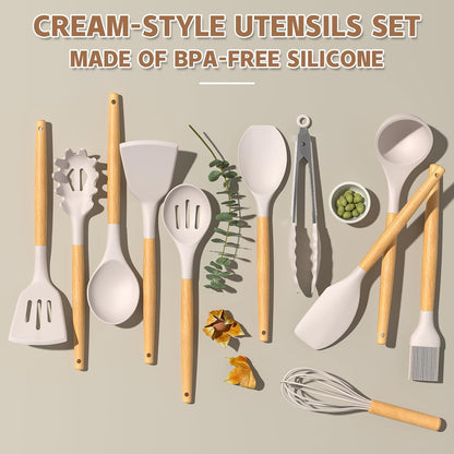 Silicone Cooking Utensils Set 34 Piece Heat Resistant with Oak Handles Khaki for Nonstick Cookware
