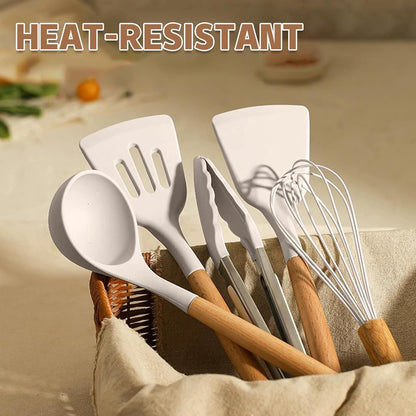 Silicone Cooking Utensils Set 34 Piece Heat Resistant with Oak Handles Khaki for Nonstick Cookware