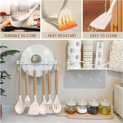 Silicone Cooking Utensils Set 34 Piece Heat Resistant with Oak Handles Khaki for Nonstick Cookware
