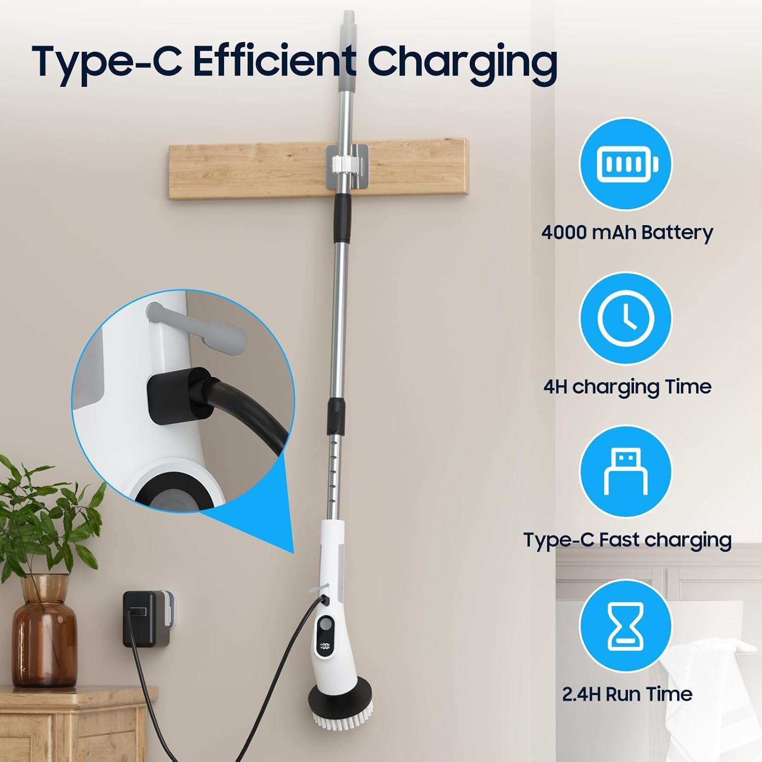 Electric Spin Scrubber 4000mAh Adjustable Handle 8 Brush Heads Bathroom Kitchen Floor Cleaner 380–500 RPM