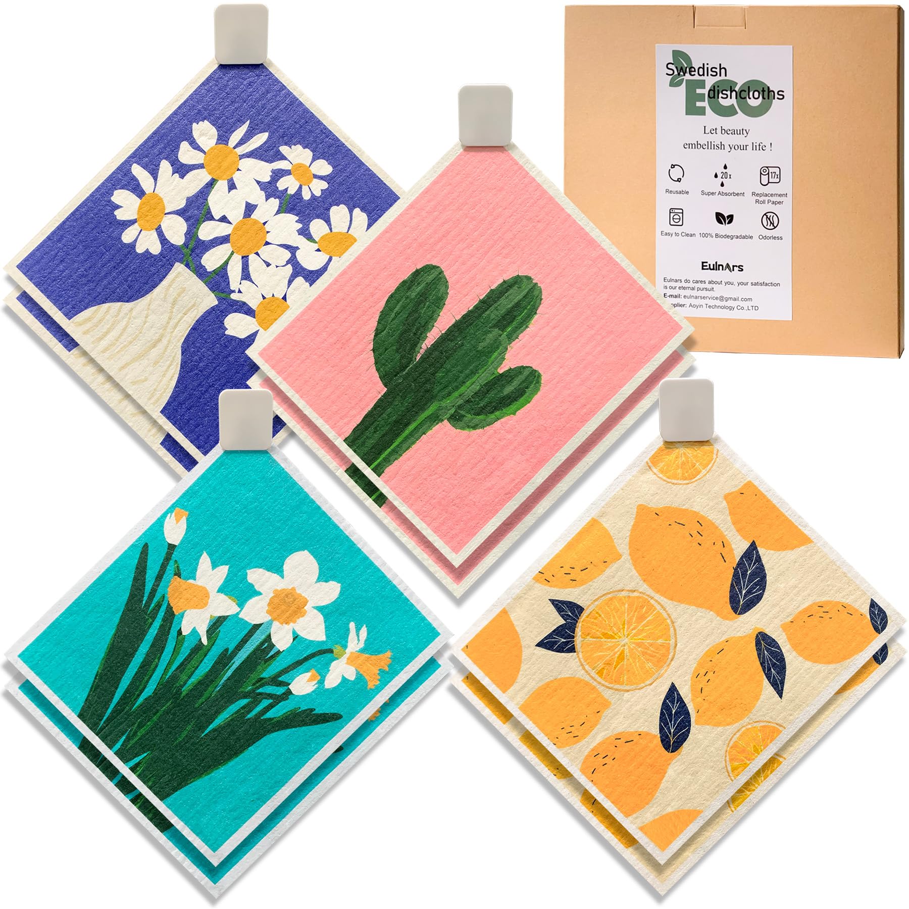 Swedish Dish Cloth 8 Pack Reusable Super Absorbent Quick Dry Kitchen Towels with Clips and Labels