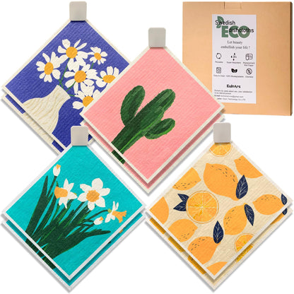 Swedish Dish Cloth 8 Pack Reusable Super Absorbent Quick Dry Kitchen Towels with Clips and Labels