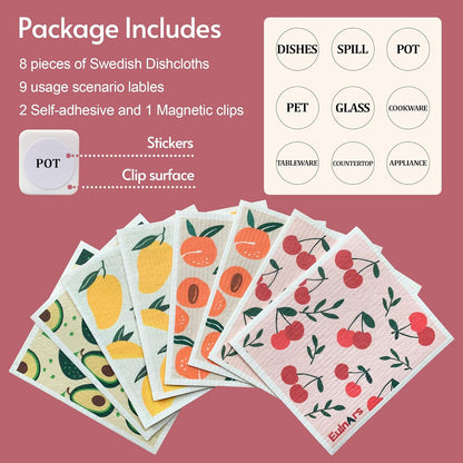Swedish Dish Cloth 8 Pack Reusable Super Absorbent Quick Dry Kitchen Towels with Clips and Labels