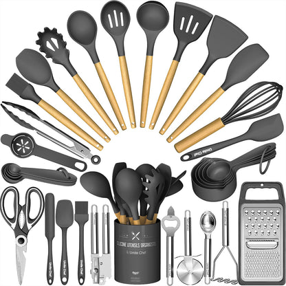 Silicone Cooking Utensils Set 34 Piece Heat Resistant with Oak Handles Khaki for Nonstick Cookware