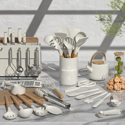 Silicone Cooking Utensils Set 34 Piece Heat Resistant with Oak Handles Khaki for Nonstick Cookware