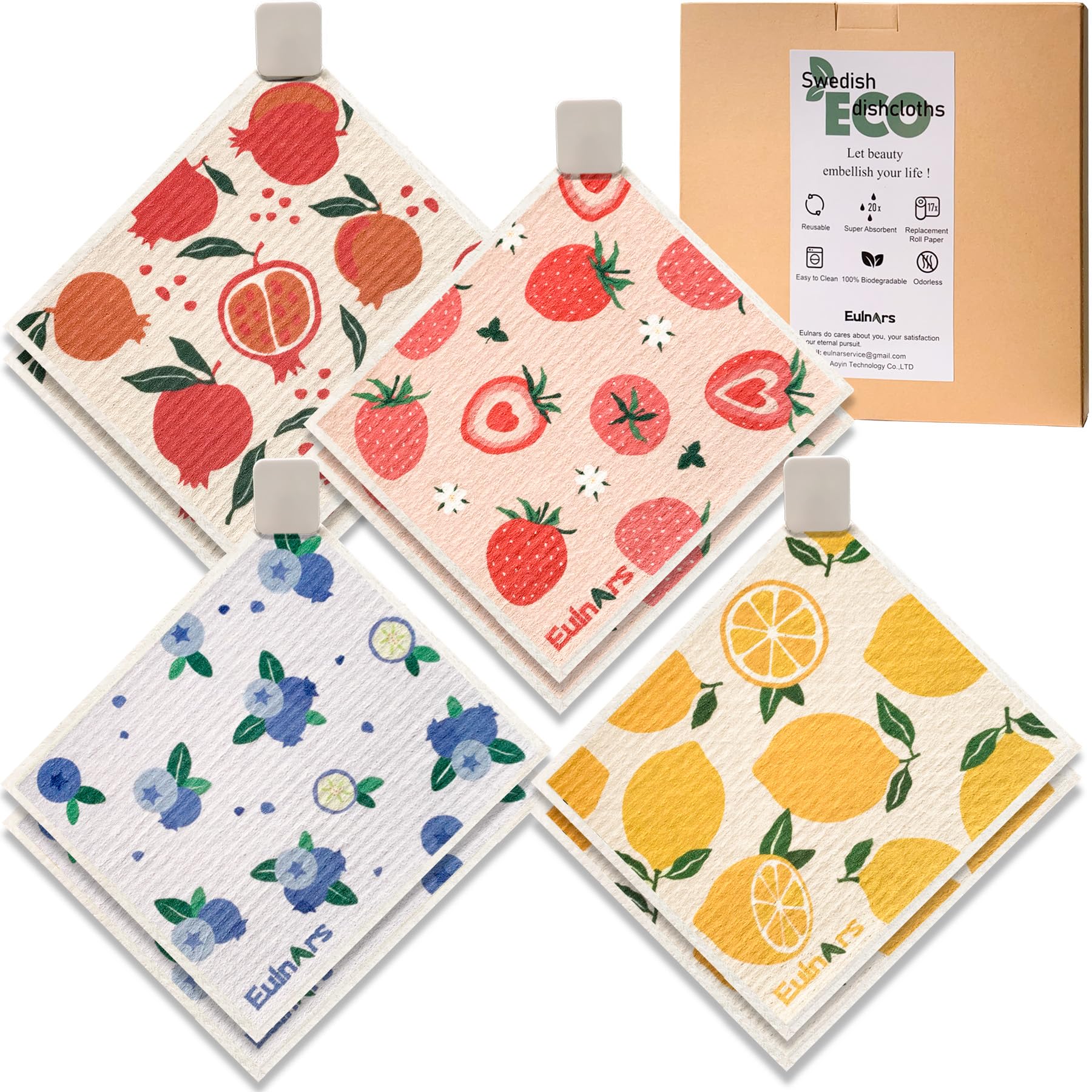 Swedish Dish Cloth 8 Pack Reusable Super Absorbent Quick Dry Kitchen Towels with Clips and Labels