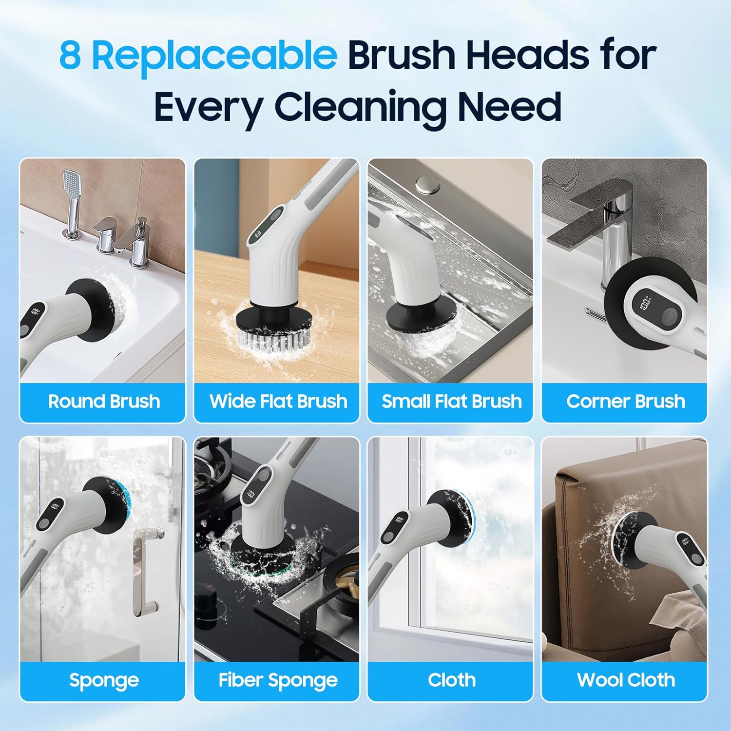 Electric Spin Scrubber 4000mAh Adjustable Handle 8 Brush Heads Bathroom Kitchen Floor Cleaner 380–500 RPM