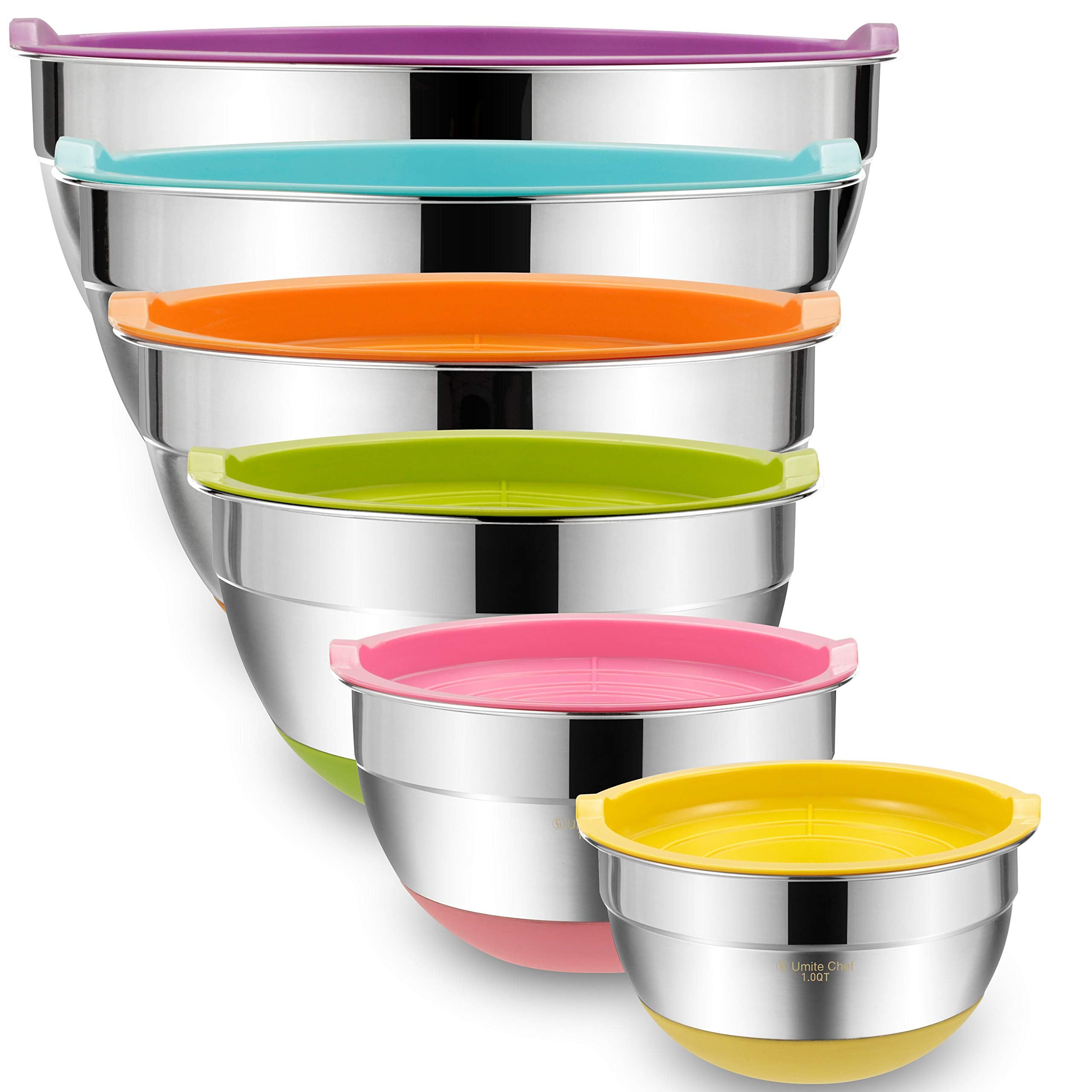 Mixing Bowls with Airtight Lids 6 Piece Stainless Steel Nesting Set Non Slip Bottoms Khaki 7 to 1 QT Set